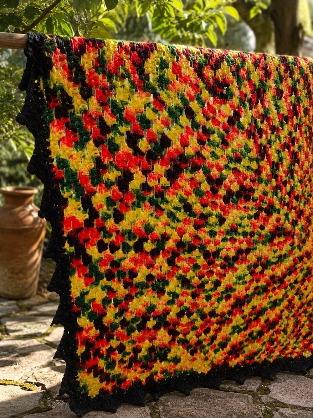 One-of-a-Kind Handmade Afghan Blanket • Striking Rastafarian Color Pattern 43in